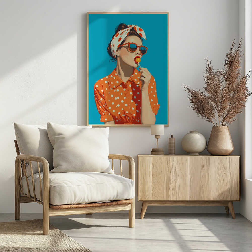 A pop art style illustration of a woman in a red and white polka dot headband and orange sunglasses, licking a yellow lollipop. She is wearing an orange and white polka dot collared shirt against a solid bright blue background, all within a black frame. Artwork