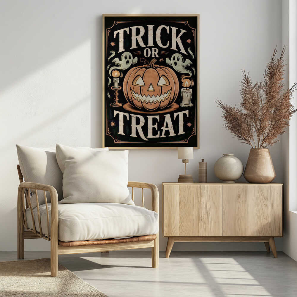 A vintage-style Halloween poster featuring the words 'Trick or Treat'. A large, smiling jack-o'-lantern sits in the center, flanked by two floating ghosts and two lit candles. The background is black with a decorative orange border and small stars. Wall Art