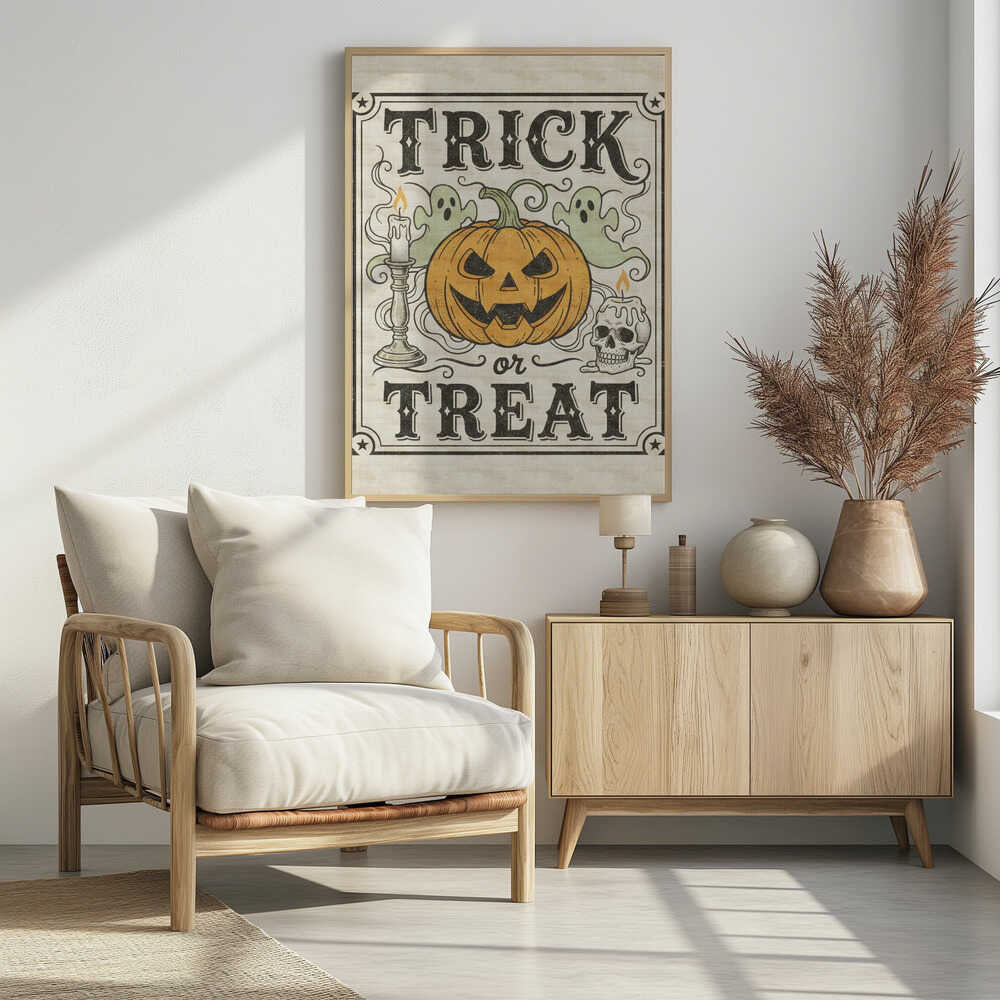 A vintage-style Halloween art print with the words 'TRICK or TREAT' in a stylized black font. In the center is a large orange jack-o'-lantern flanked by two small green ghosts, a lit candle in a candlestick, and a lit candle on a skull. The background is a distressed cream color, and the entire image is enclosed in a decorative border with stars in the corners. Poster