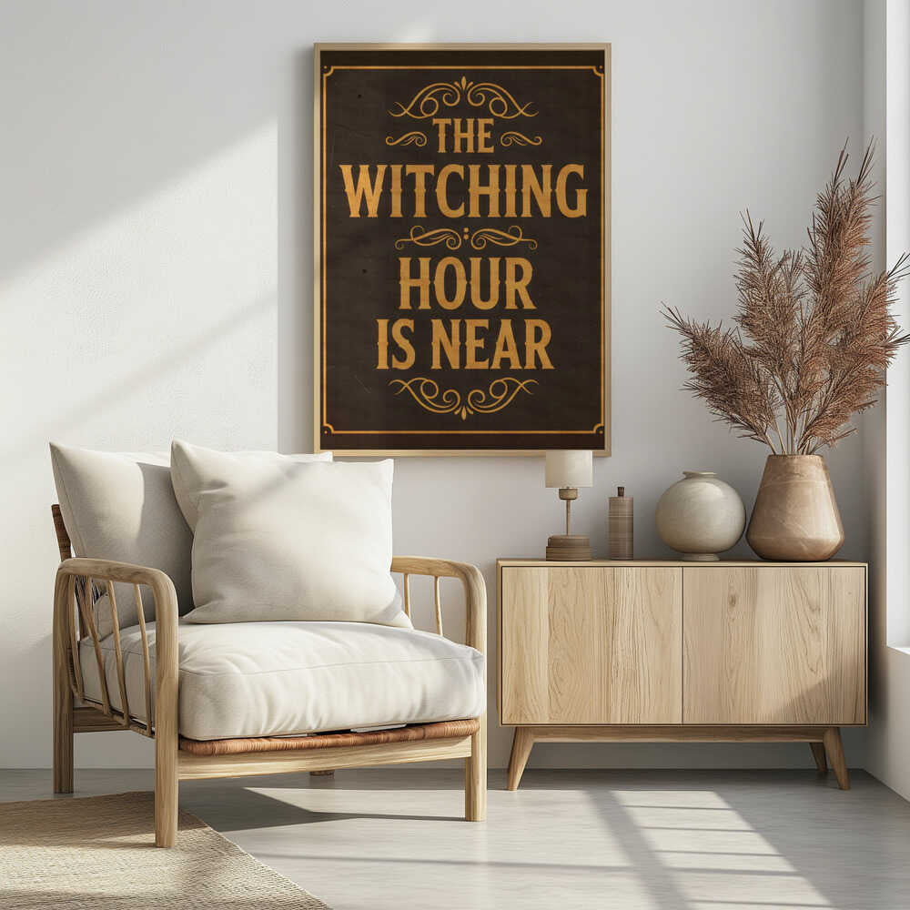 A framed vintage-style sign with a dark brown, distressed background. In a bold, golden-yellow serif font, the text reads 'THE WITCHING HOUR IS NEAR'. The text is adorned with ornate, swirling flourishes above, between, and below the lines. A thin golden-yellow border frames the entire design. Poster