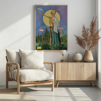 A surrealist painting of a figure split down the middle: one half is an elegant 18th-century woman, the other a skeleton. The composite figure, resembling the Grim Reaper, holds a scythe and stands in a lush green jungle under a large yellow moon against a blue night sky. Decor