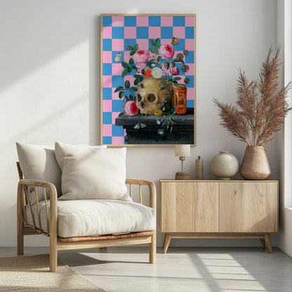 A classic vanitas still life painting juxtaposed with a modern, bright pink and blue checkerboard background. The composition features a golden skull surrounded by vibrant pink roses, butterflies, an hourglass, and coins on a dark stone table. Poster