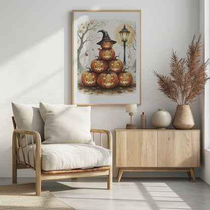 A whimsical watercolor painting of a pyramid of seven glowing jack-o'-lanterns. The top pumpkin sports a black witch's hat. An old-fashioned lamppost illuminates the spooky scene, set in a misty forest with bare trees and falling autumn leaves. Print