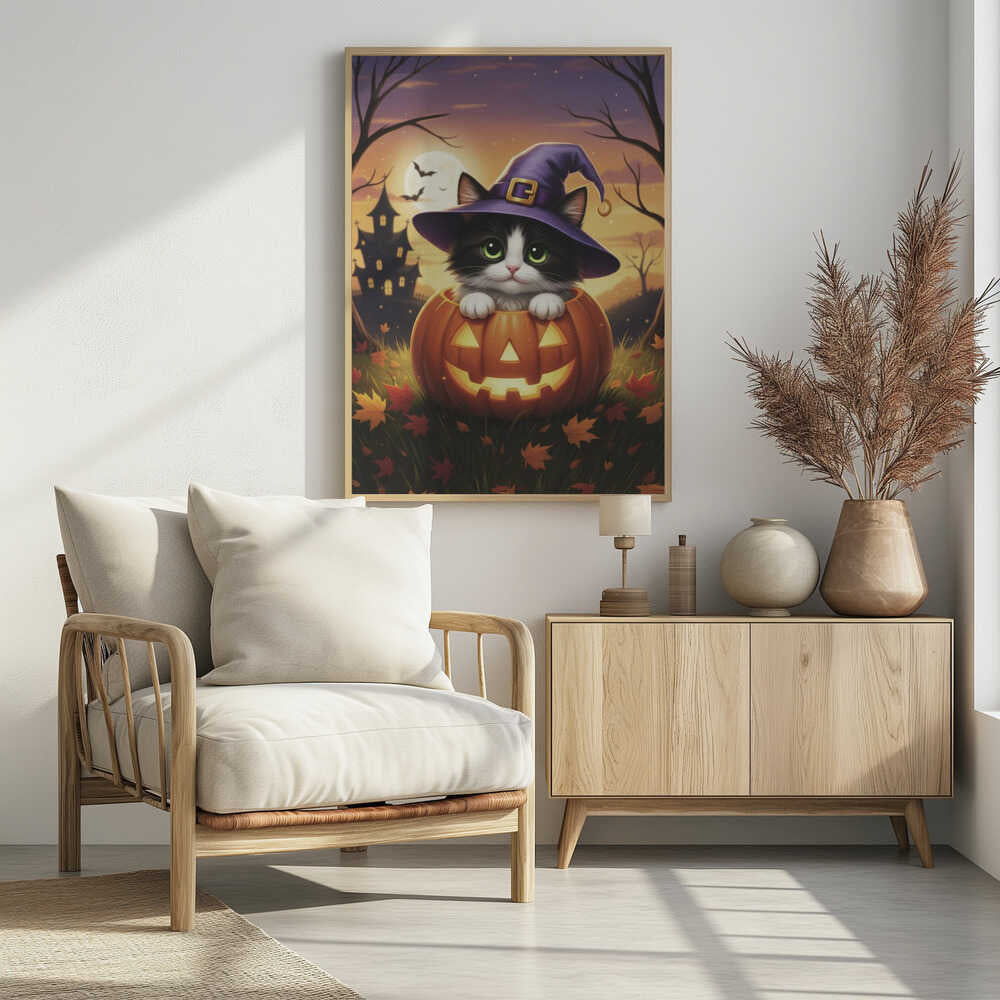 A cute black and white kitten with big green eyes wears a purple witch hat while peeking out from inside a glowing jack-o'-lantern. The scene is set at dusk during Halloween, with a haunted house, a full moon, and bats in the background. Poster