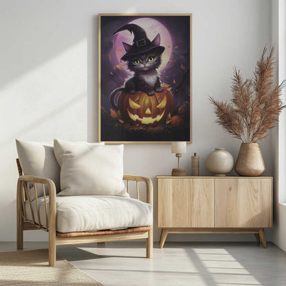 A whimsical painting of a cute black kitten with bright green eyes wearing a witch's hat, sitting on top of a glowing jack-o'-lantern. In the background is a large purple full moon and falling autumn leaves, creating a magical Halloween scene. Print