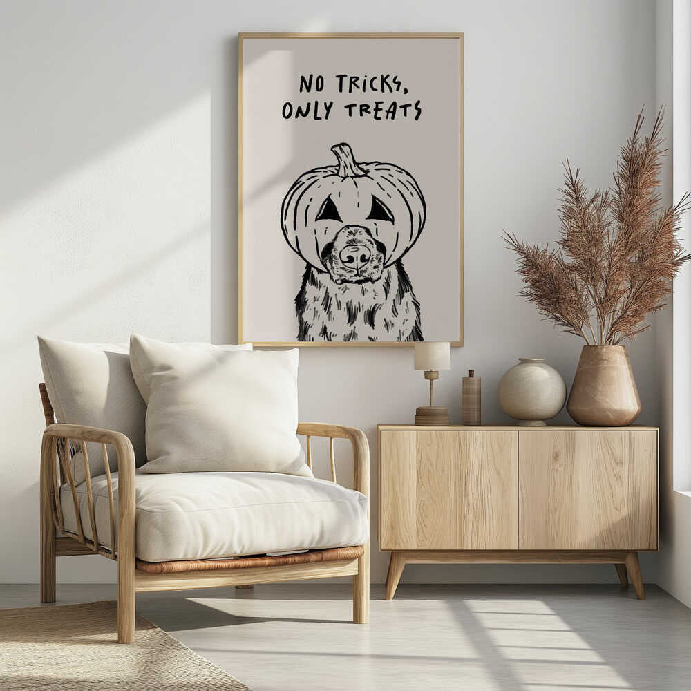 A black and white line drawing of a fluffy dog wearing a carved jack-o'-lantern on its head, with its snout and nose poking through a hole. Above the illustration, the phrase 'NO TRICKS, ONLY TREATS' is written in a casual, handwritten font. The artwork has a simple, minimalist style and is set against a cream-colored background within a black frame. Poster