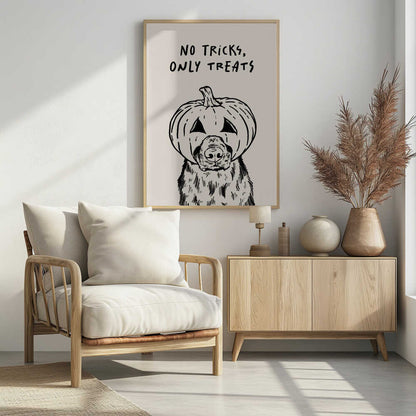 A black and white line drawing of a fluffy dog wearing a carved jack-o'-lantern on its head, with its snout and nose poking through a hole. Above the illustration, the phrase 'NO TRICKS, ONLY TREATS' is written in a casual, handwritten font. The artwork has a simple, minimalist style and is set against a cream-colored background within a black frame. Poster