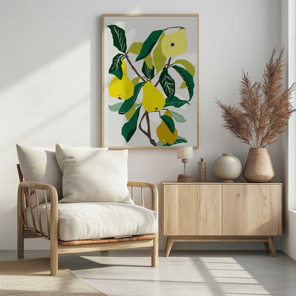 A modern graphic illustration of a pear tree branch heavy with ripe yellow pears. The composition features bold dark green and lighter green leaves against a soft, light grey background, all enclosed in a thin black frame. Artwork