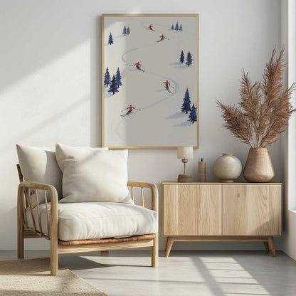 A minimalist illustration of several skiers in red jackets skiing down a wide, snow-covered slope, weaving between small clusters of blue pine trees. The scene is depicted from an overhead angle within a black frame. Artwork