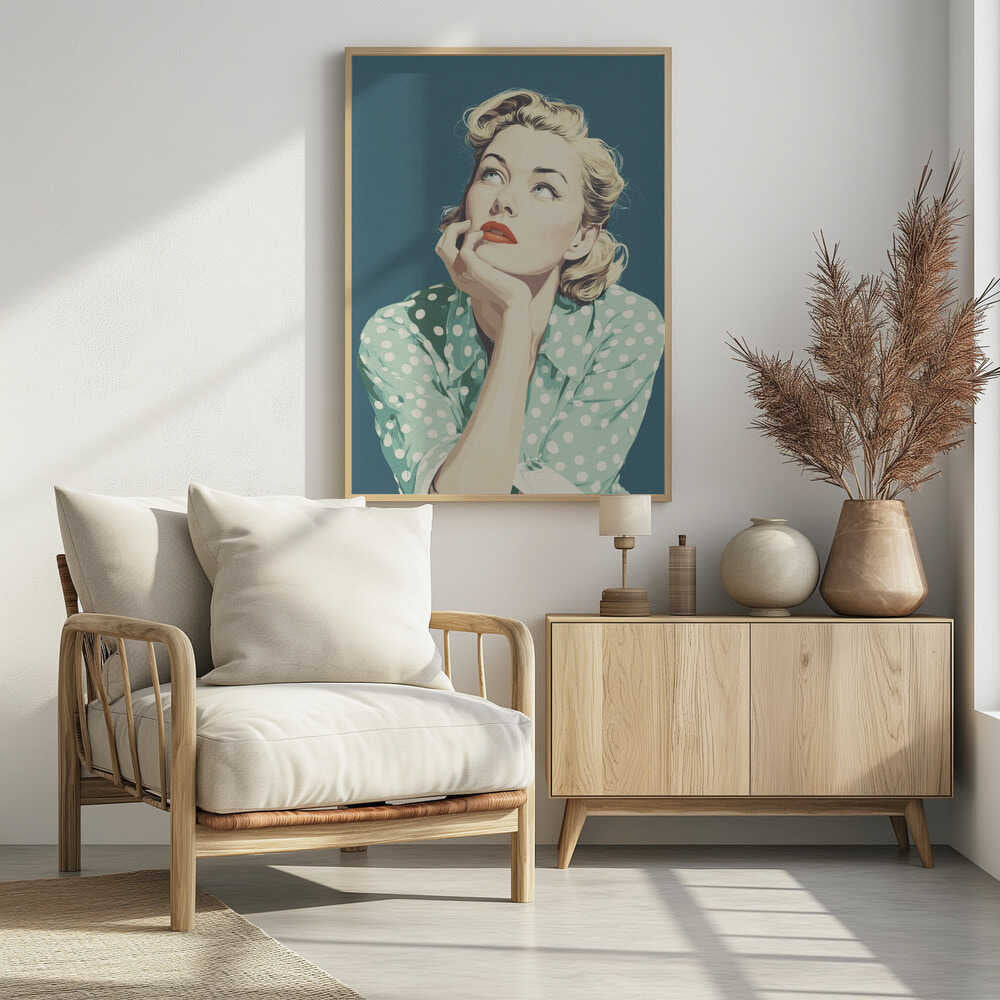 A vintage-style illustration of a blonde woman with red lipstick, wearing a green and white polka dot shirt. She is looking up thoughtfully with her chin resting on her hand against a solid teal blue background. Print
