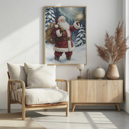 A classic painted portrait of Santa Claus in a red suit standing in a snowy evergreen forest at night. He holds a large sack of presents over his shoulder and looks up at a magical golden sparkler of light floating above his open palm. Print