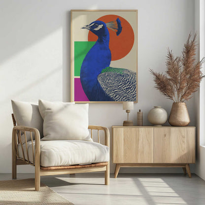A modern graphic art poster featuring a profile view of a royal blue peacock against a cream-colored background with large geometric shapes, including an orange circle, a green rectangle, and a magenta rectangle. Wall Art