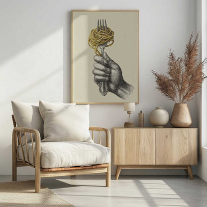 A vintage-style illustration of a hand rendered in black ink holding an ornate fork. A large portion of golden-yellow spaghetti is twirled around the tines of the fork. The image is on a cream-colored background and is displayed in a simple black frame. Poster