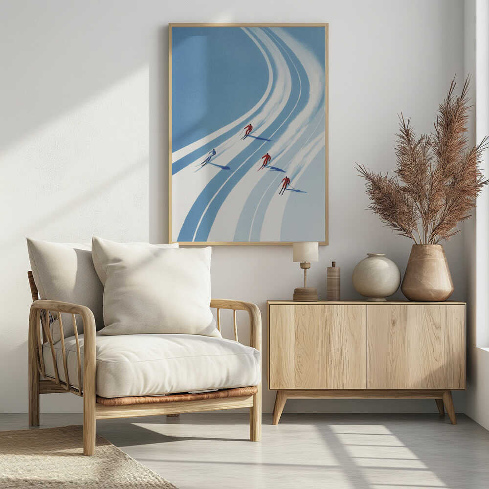 Vintage style poster of four skiers racing down a curving snowy mountain slope.