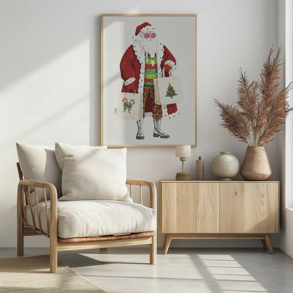 A whimsical illustration of a stylish Santa Claus wearing a red coat, pink sunglasses, a striped sweater, and plaid pants. He is holding two shopping bags decorated with a Christmas tree and candy canes, against a plain off-white background. Decor