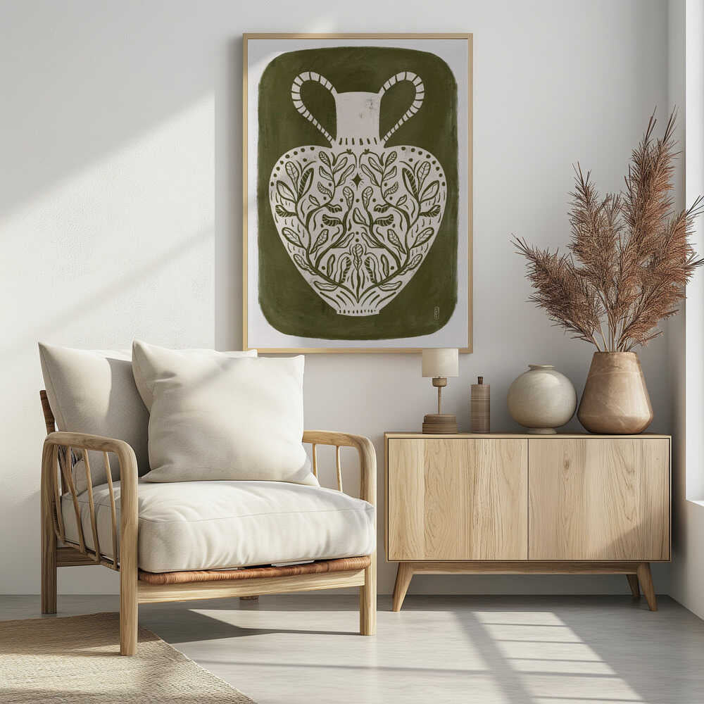 Olive green illustration of a Greek vase, perfect as an art print or poster.