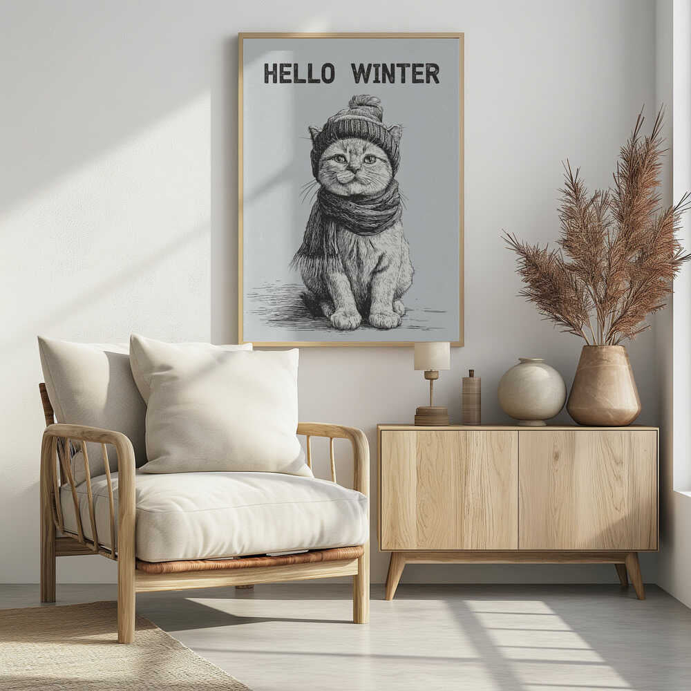 Sketch illustration of a cute cat wearing a winter hat and scarf. 'Hello Winter' quote.