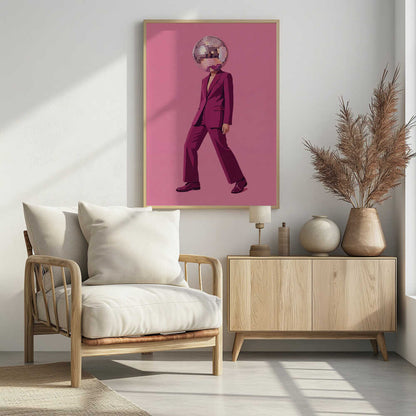A person with a disco ball for a head wearing a magenta suit against a pink background, surreal wall art.