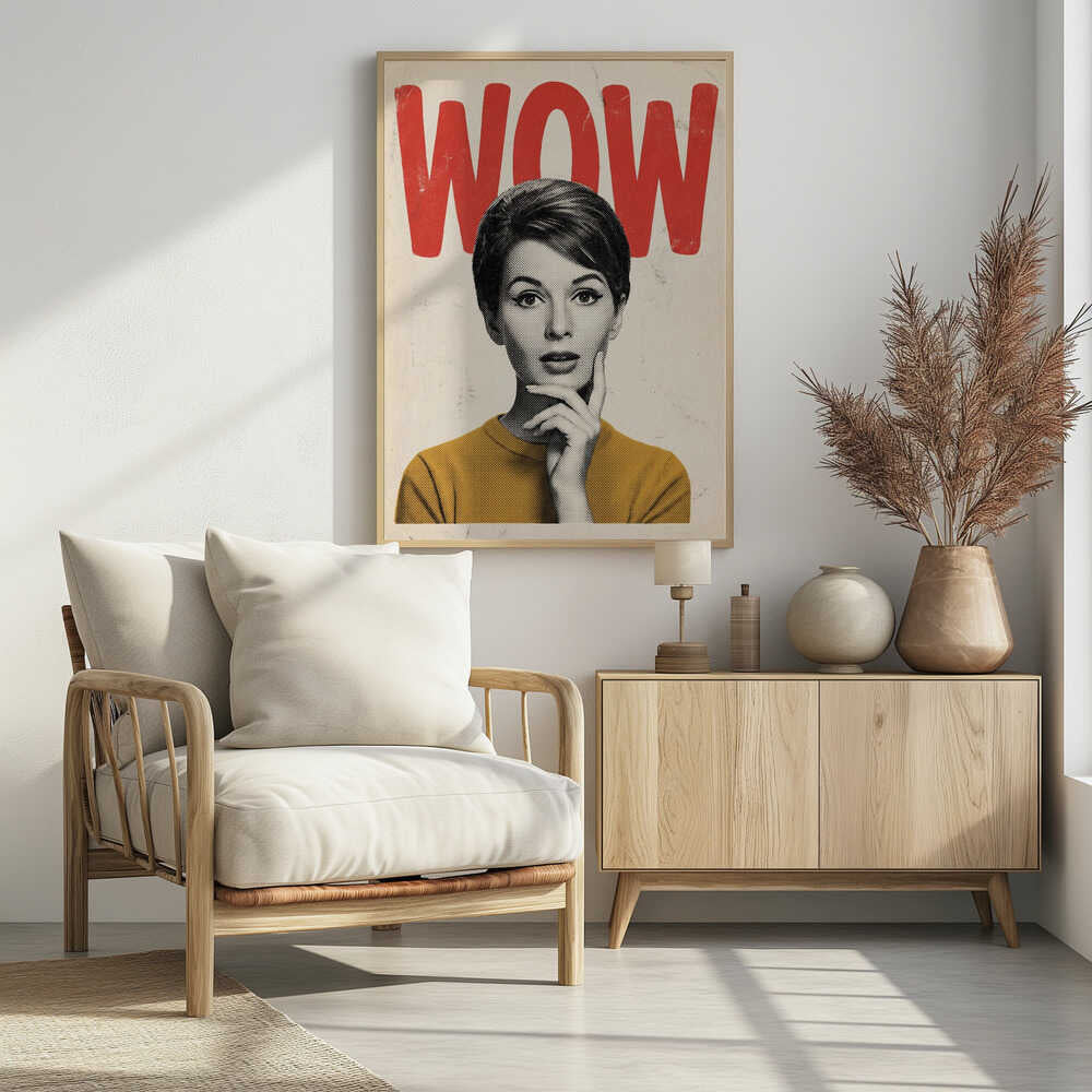 Pop art poster of a surprised woman in a yellow sweater with the word 'WOW' in red text.
