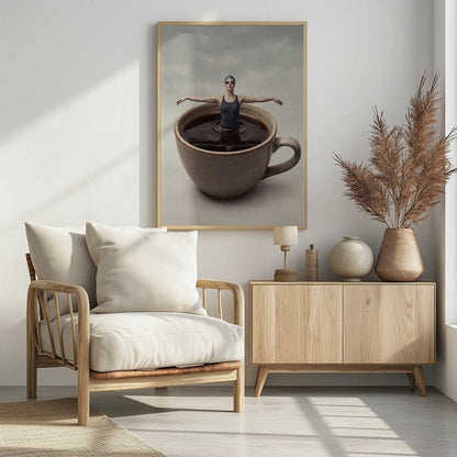Surreal art print of a woman in a swimsuit swimming in a giant cup of coffee.