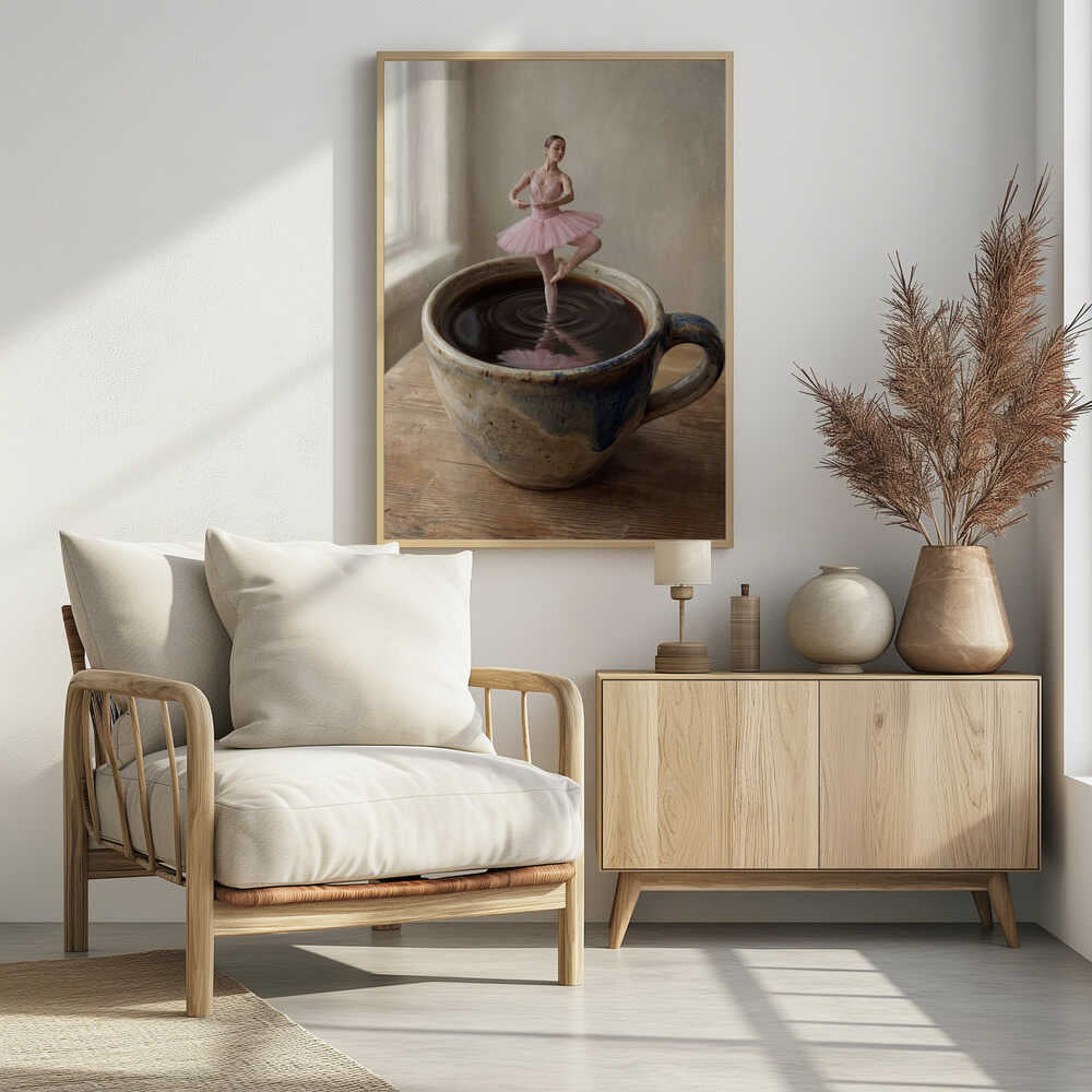 A small ballerina in a pink tutu dances gracefully in a large cup of black coffee.