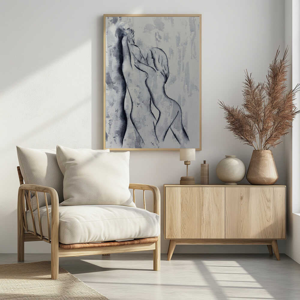 Black and white watercolor painting of an embracing nude couple in a passionate pose, romantic art.