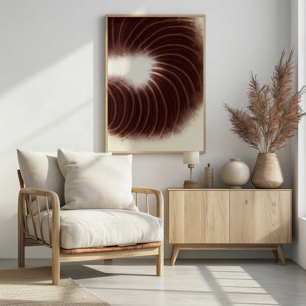 Abstract art with swirling dark brown lines radiating from a soft, bright white center.