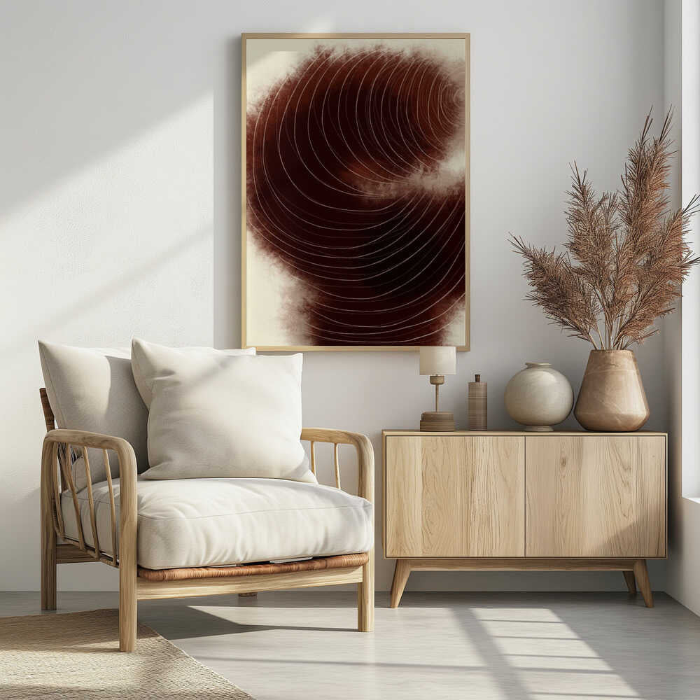 Abstract vortex of fine white lines swirling on a deep, textured brown background.