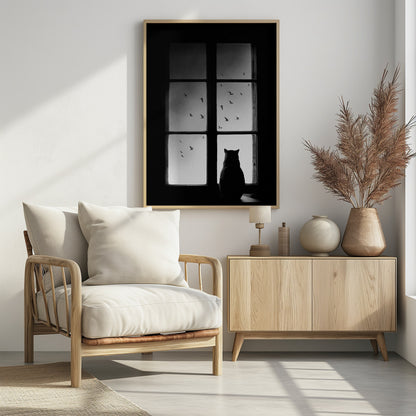 A black and white photograph showing the silhouette of a cat from behind, sitting on a windowsill and looking out through the panes at a flock of birds flying in the sky. Poster