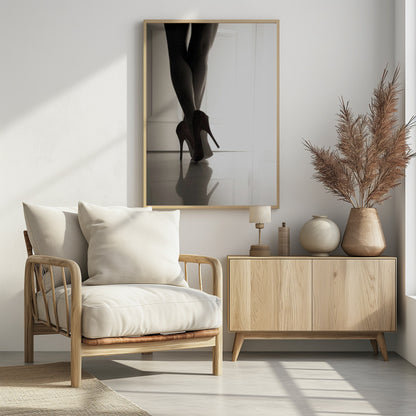 A low-angle, black and white photograph focusing on a woman's legs as she stands with them crossed. She wears dark red stiletto high heels, which cast a clear reflection on the glossy floor. Her legs are silhouetted against a bright white door in the background, creating a dramatic and sensual mood. Decor