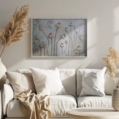 A framed artwork depicting a collection of dried poppy seed heads on long, elegant stems, arranged against a soft, textured sage green background with faint outlines of other plants. Wall Art