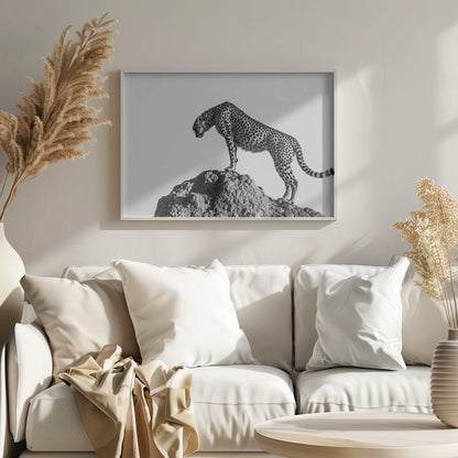 A high-contrast, black and white photograph of a cheetah standing atop a textured rock formation against a plain white background. The cheetah is shown in profile, looking downwards. The image is enclosed in a silver frame. Artwork