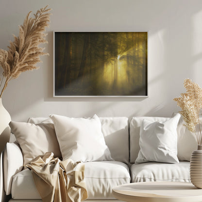 A landscape photograph of a dense, misty forest where golden sunbeams dramatically stream through the tall trees, illuminating the fog and creating a magical, ethereal atmosphere. The image is enclosed in a silver frame. Poster