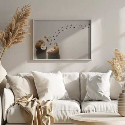 A conceptual art piece showing a broken brown eggshell against a beige background. Inside the shell are black tally marks, as if counting days. A trail of tiny black chicken footprints leads away from the egg, suggesting a chick has finally hatched and escaped after a long wait. Artwork