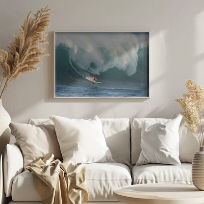A lone surfer in a yellow shirt rides down the face of an enormous, powerful ocean wave as it crests into white foam, viewed within a silver picture frame. Wall Art
