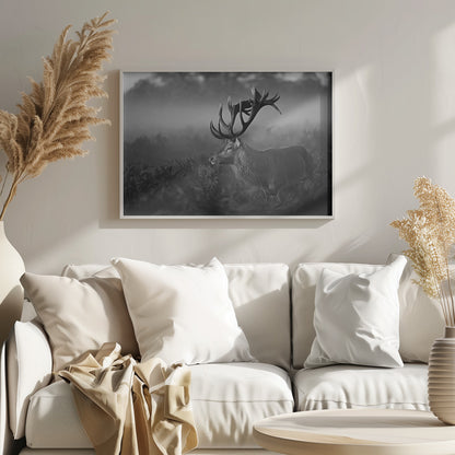 A majestic stag with large antlers is captured in a black and white photograph, standing in a field of ferns with a foggy forest in the background. The image has a moody and atmospheric quality and is displayed within a silver frame. Poster