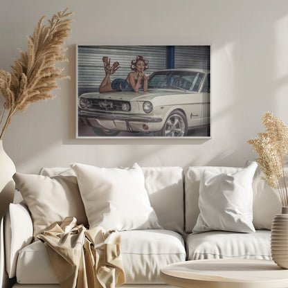 A woman in a retro pin-up style lies on the hood of a vintage white Ford Mustang in a garage, applying red lipstick with her hair set in soda can curlers. Poster