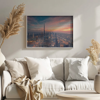 An aerial view of the Dubai skyline at sunset, with the Burj Khalifa prominently featured against a dramatic sky filled with orange, pink, and blue clouds. The sprawling city below is illuminated with golden lights from buildings and busy highways. Decor