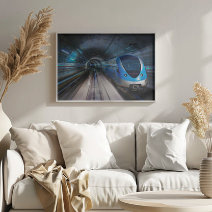 A modern blue and silver high-speed train travels through a curved, brightly lit subway tunnel, with motion blur conveying a sense of rapid movement, enclosed within a silver frame. Poster