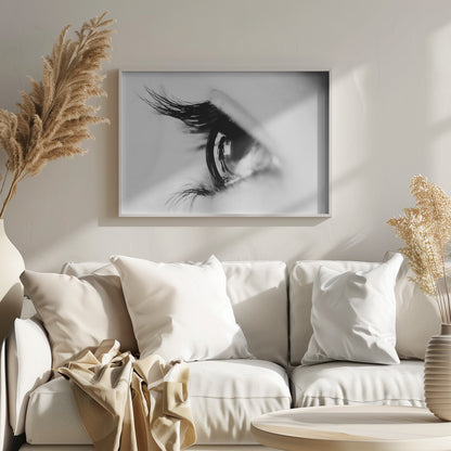 A dramatic black and white macro photograph of a human eye in profile, with a surreal reflection of a person's silhouette visible in the pupil. Print