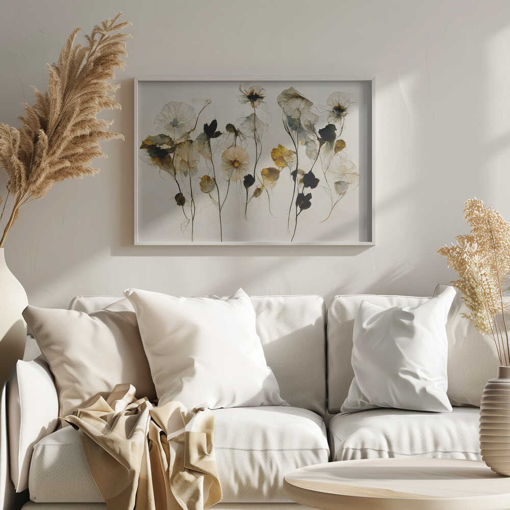 A framed artwork depicting a collection of delicate, translucent flowers against a pale, neutral background. The flowers, rendered in a watercolor style, are in shades of white, muted yellow, and deep black, with thin, wispy stems. The entire piece is enclosed in a simple silver frame. Artwork