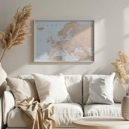 A detailed political map of Europe with countries and cities labeled, presented in a muted color palette of beige and brown for land and light blue for water, all within a light gray frame. Decor