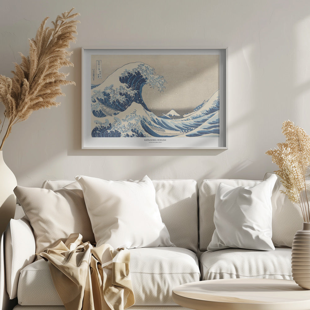 A framed print of Katsushika Hokusai's famous woodblock artwork, 'The Great Wave off Kanagawa,' featuring a giant, turbulent blue wave with white foam cresting over small boats, with Mount Fuji visible in the background under a muted sky. Wall Art
