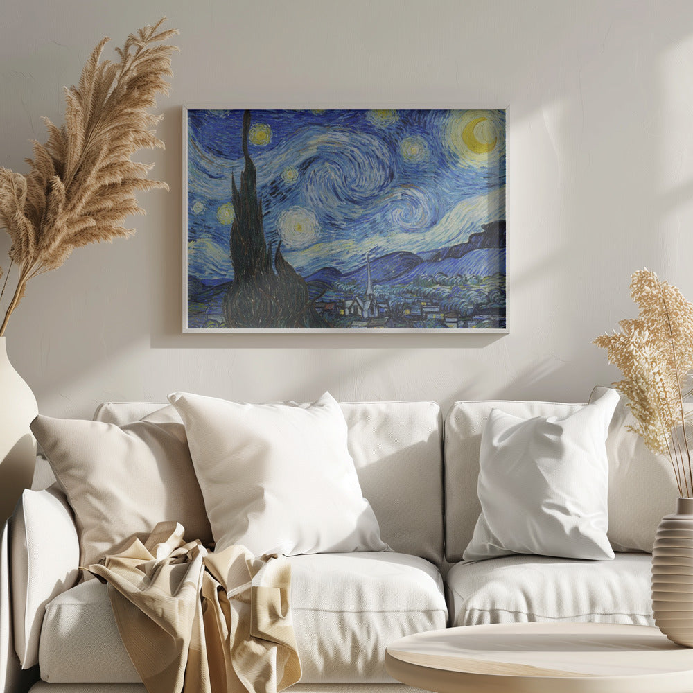 Vincent van Gogh's famous post-impressionist painting, 'The Starry Night,' in a simple silver frame. The artwork features a dramatic, swirling night sky in deep blues and yellows, with a glowing crescent moon and radiant stars over a peaceful village and a large, dark cypress tree in the foreground. Artwork