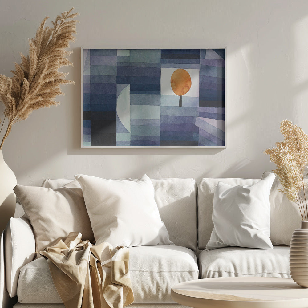 A framed abstract watercolor painting by Paul Klee, featuring a geometric background of horizontal stripes in various shades of blue and purple. A single stylized tree with a vibrant orange, circular top is set against a white background, creating a stark contrast. Poster