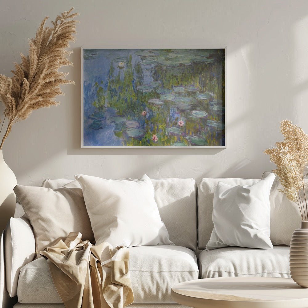 A framed impressionist painting of a water lily pond. The artwork features shades of blue water, numerous green lily pads, and scattered white and pink flowers, all rendered with visible, textured brushstrokes in the style of Monet. Wall Art