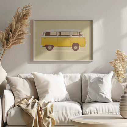 A vintage-style, framed illustration of a classic yellow and white camper van in side profile against a solid pale yellow background. The artwork has a retro, printed texture. Decor
