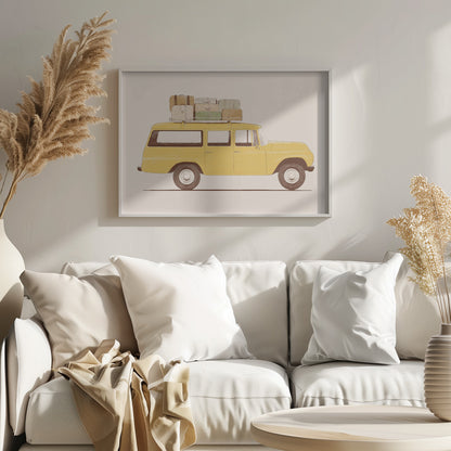 A side-profile illustration of a vintage yellow station wagon with a stack of luggage strapped to its roof rack. The car is set against a solid cream-colored background, giving the artwork a retro and minimalist feel. Decor