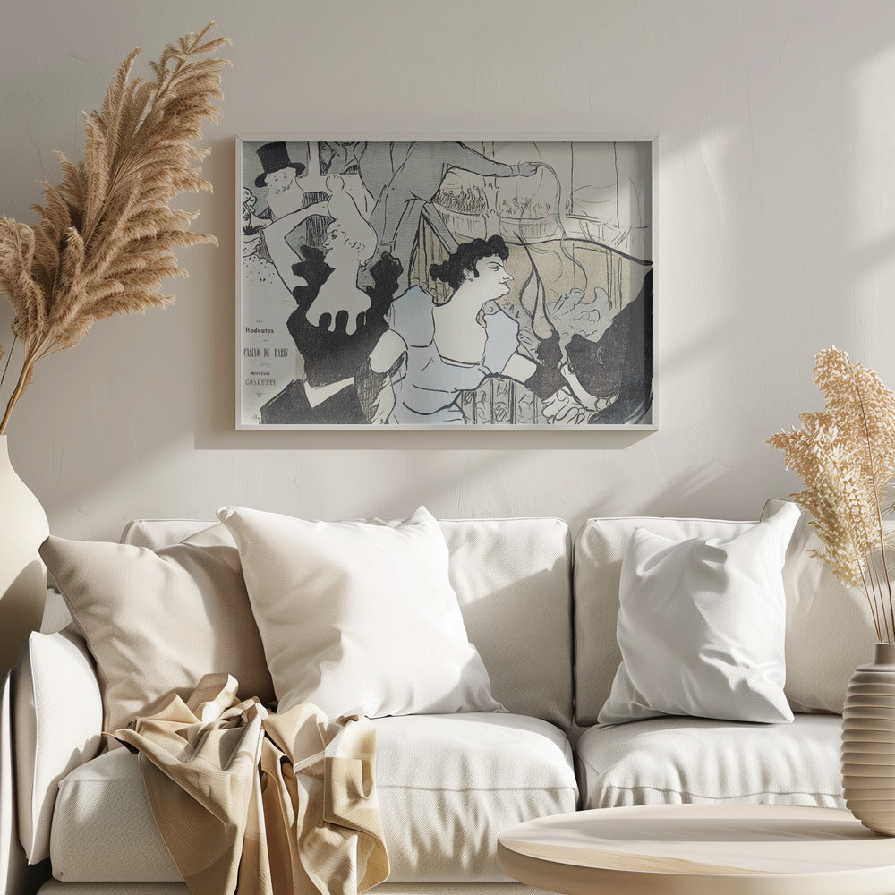 A framed Art Nouveau print by Henri de Toulouse-Lautrec depicting a bustling scene at the Casino de Paris. The lithograph features stylized figures, including a woman in a light blue dress and another in black, with a smiling man in a top hat in the background, all rendered with bold black lines and a limited color palette. Artwork