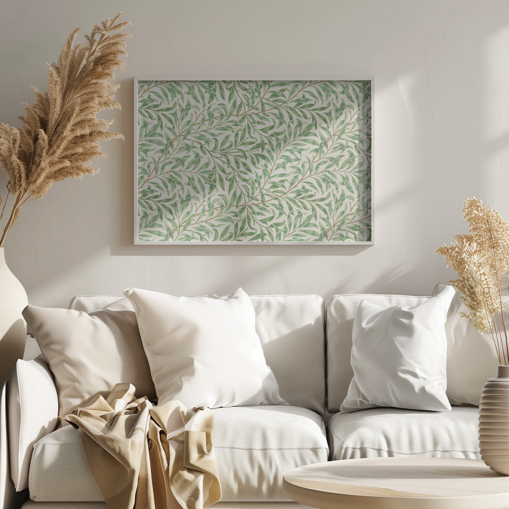 A classic William Morris 'Willow Boughs' pattern featuring intertwined green leaves and brown stems on a cream background, displayed within a simple brushed silver frame. Decor